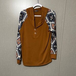 HEIMISH USA Brown Hoodie with Tribal Pattern Sleeves